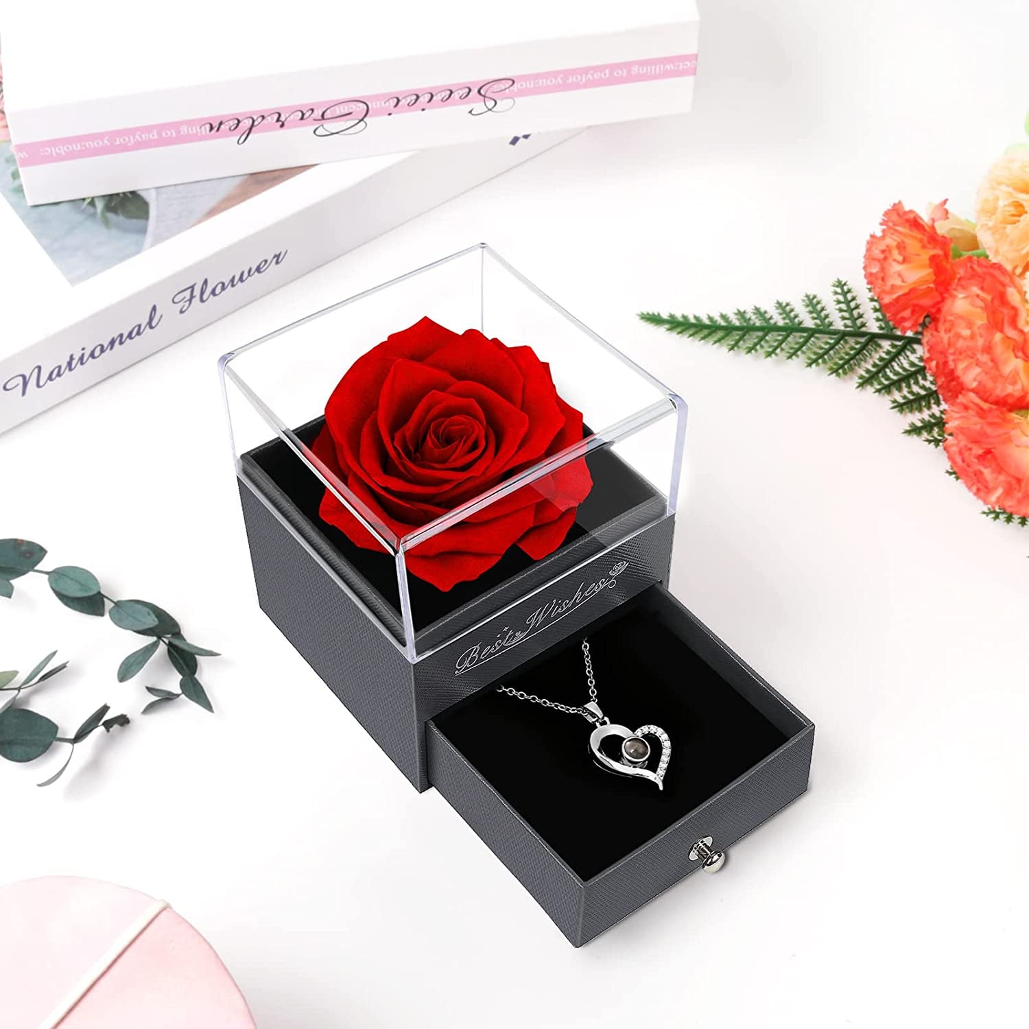 Preserved Red Rose* I Love You Necklace
